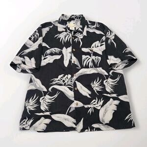 Vintage Banana Cabana Mens Black Gray Floral 100% Silk Short Sleeve Shirt Large